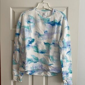 all in motion White Pullover Sweatshirt with Aqua & Teal Watercolor Print